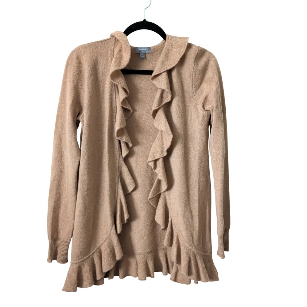Neiman Marcus Cashmere Ruffle Open Front Cardigan Camel Tan Womens Small Luxury